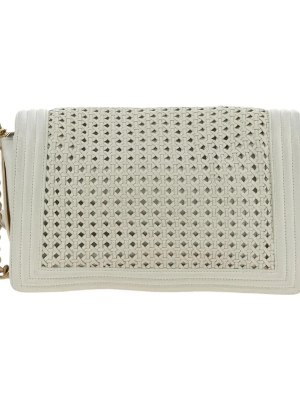 CHANEL Chain Boy Chanel Shoulder Bag Leather White Gold CC Auth ka4428V